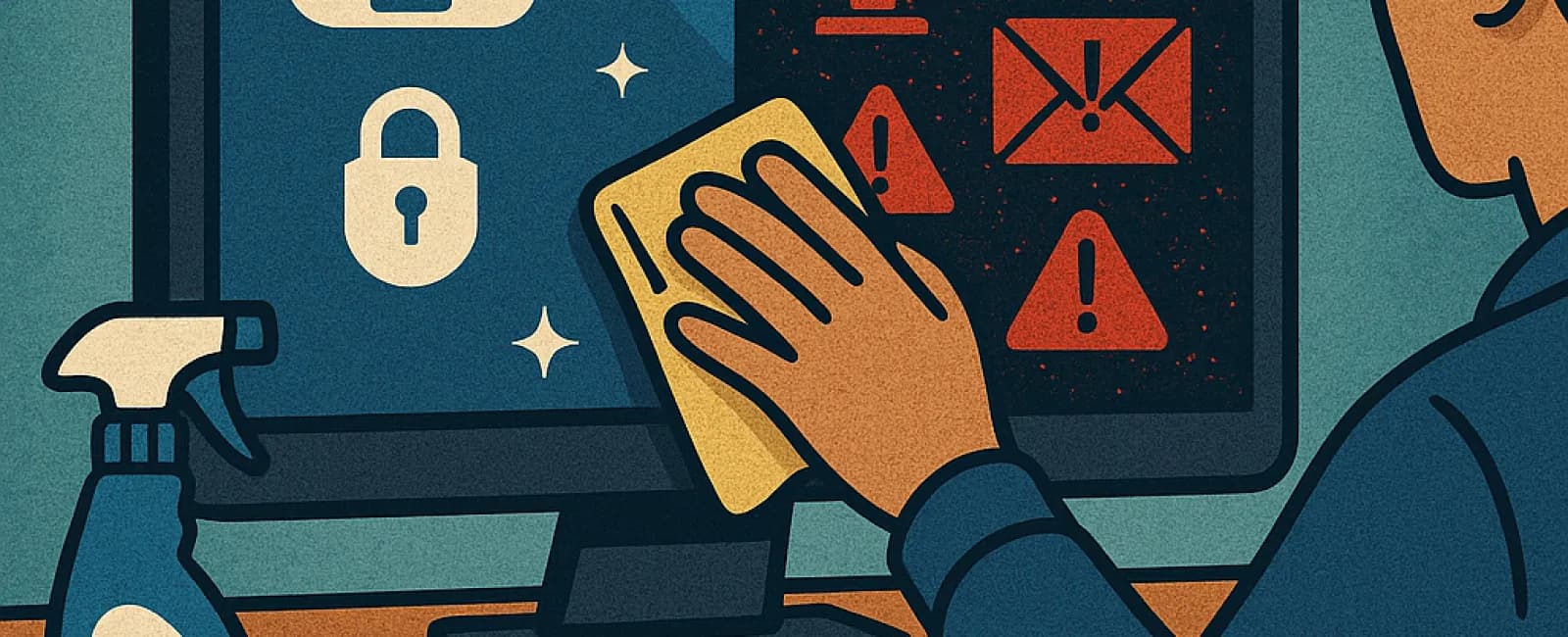 Person wiping computer screen from virus and malware icons to security icons with a cleaning spray bottle nearby