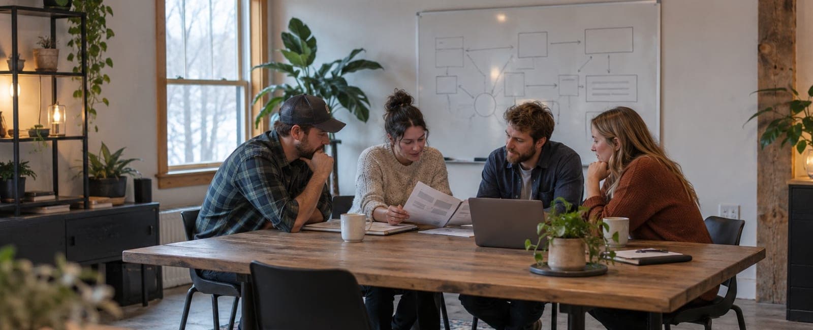 A small team of four around a meeting table reading a short policy document together, a whiteboard behind them.