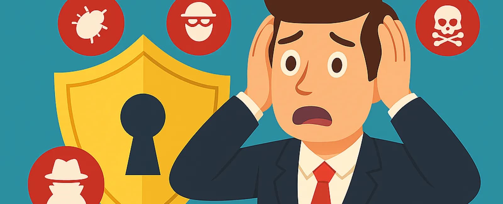 Anxious businessman covering ears surrounded by myth icons and a large security shield with keyhole on blue background.