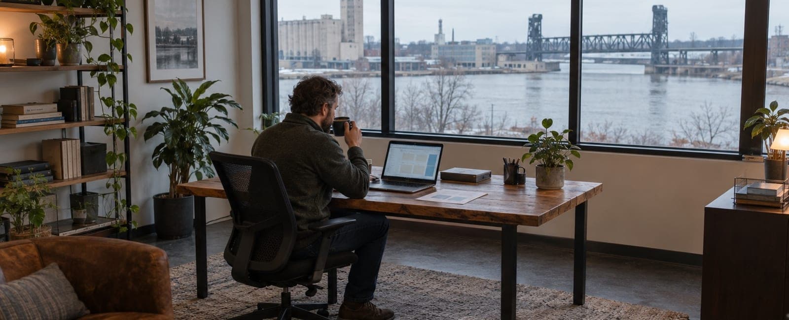 A business owner reviewing a quote on his laptop in an office overlooking the Fox River and a lift bridge in Green Bay.
