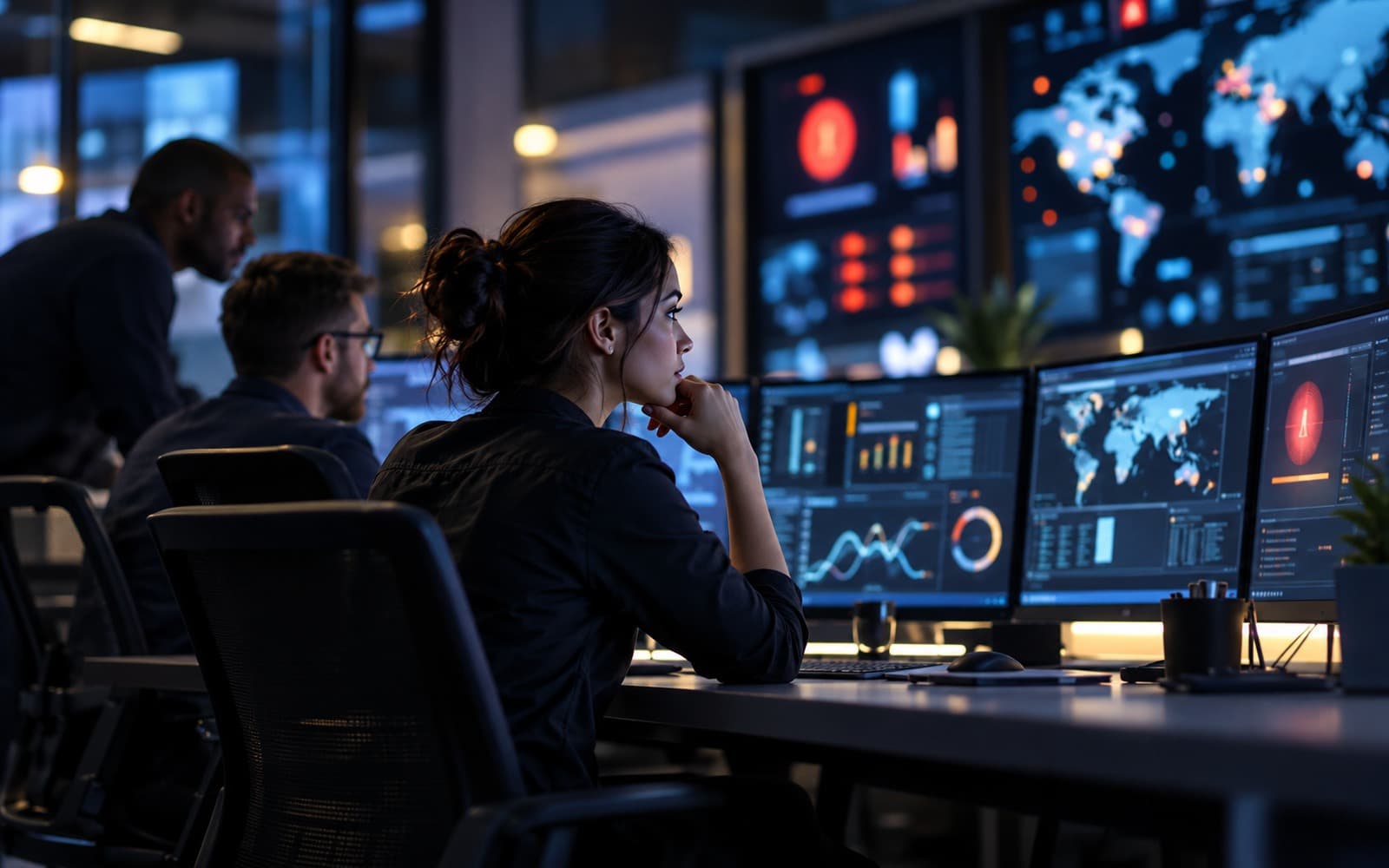 A monitoring team at night watches dashboards and a world map on a wall of screens