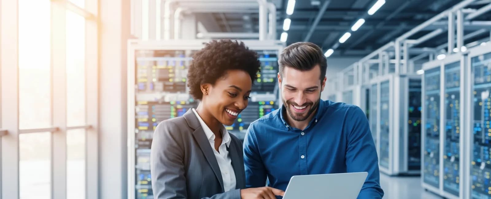 Two IT professionals collaborating with a laptop in a modern server room with racks and bright lighting.