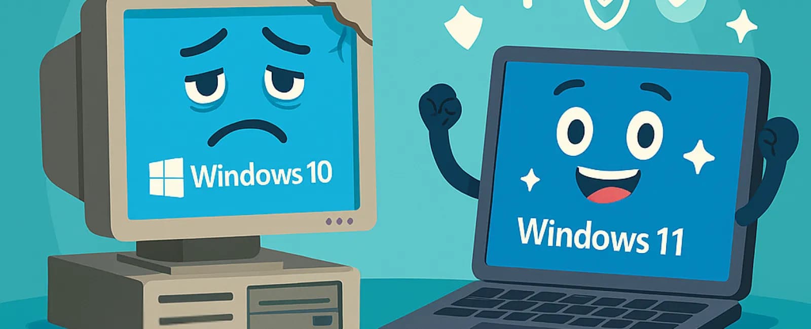 Old sad Windows 10 desktop contrasted with happy modern Windows 11 laptop showing upgrade benefits.