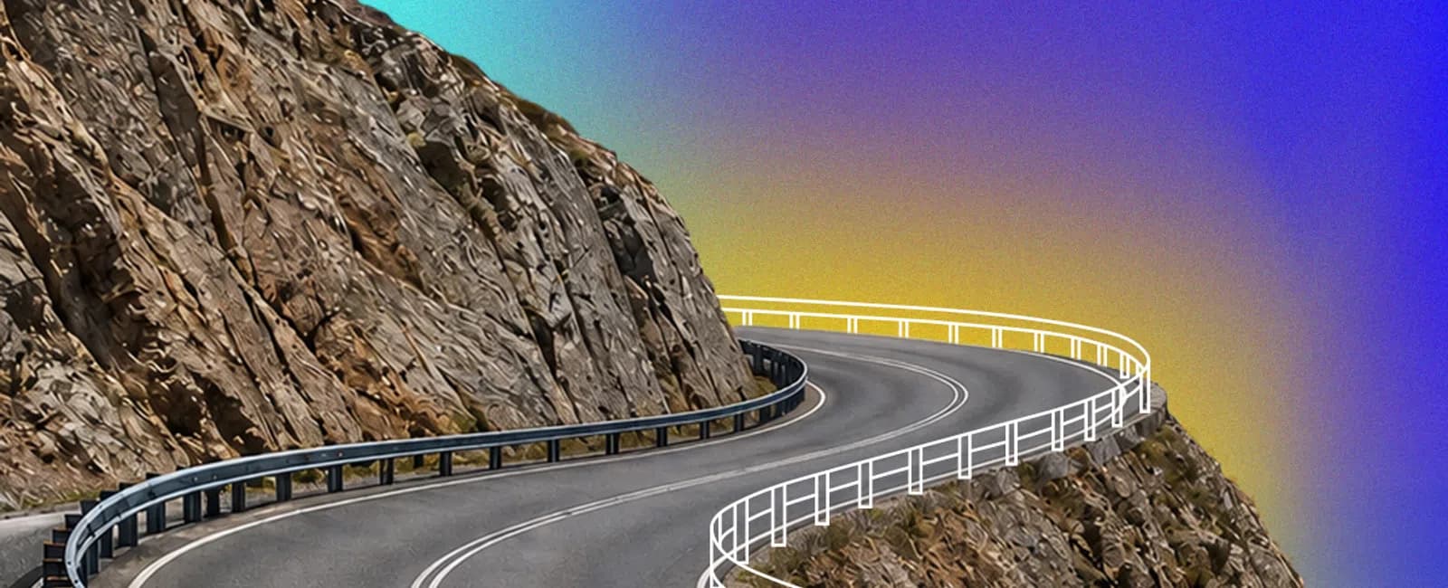 Winding mountain road curving around rocky cliffs with a vibrant gradient sky background.