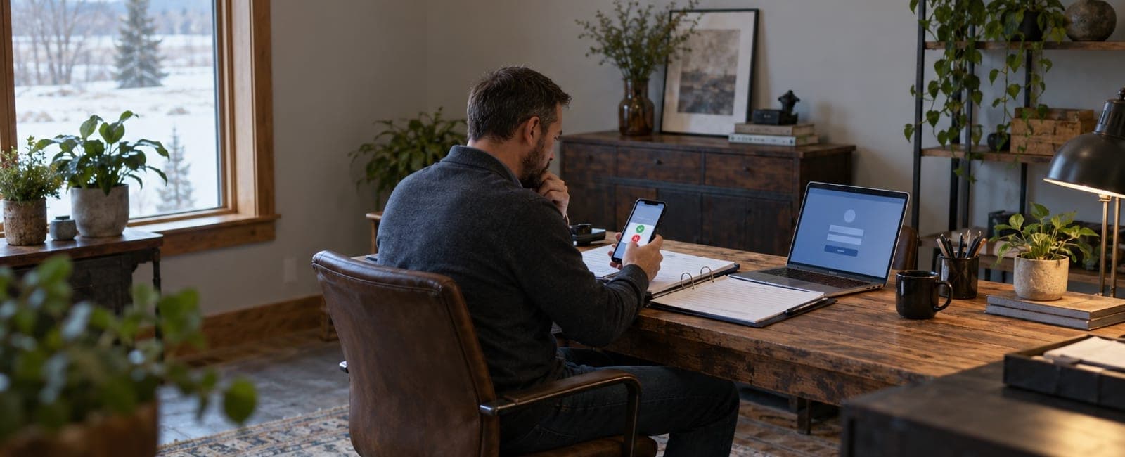 A business owner at his desk approving a sign-in request on his phone, an insurance folder open beside his laptop.