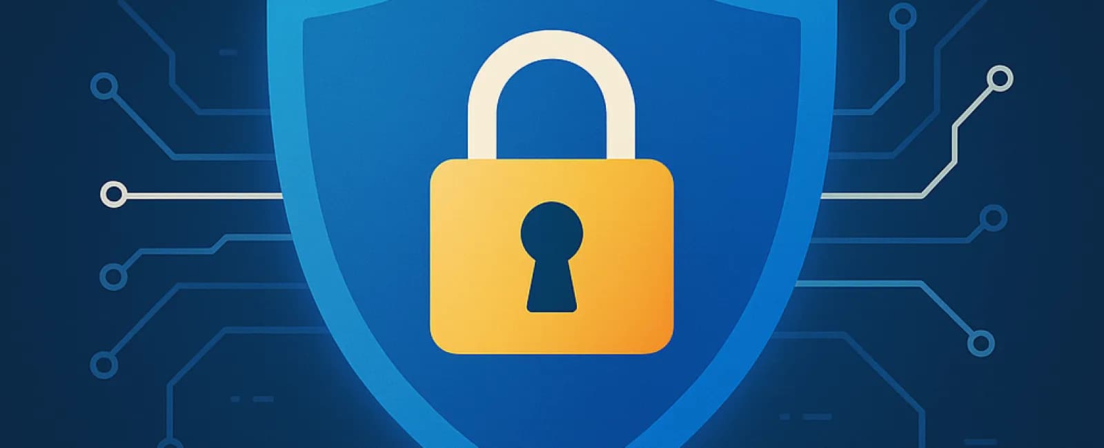 Blue shield with a yellow padlock symbolizing cybersecurity and data protection on a dark digital background.