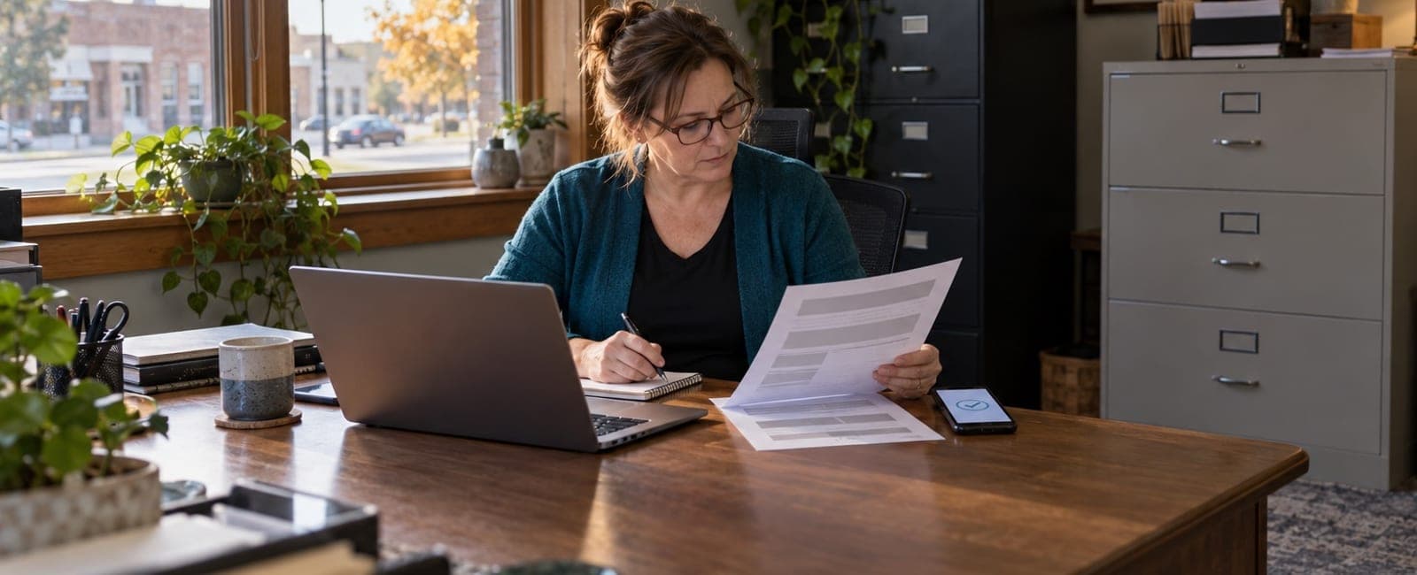 An office manager at her desk reading a printed renewal letter beside her laptop, a sign-in approval showing on her phone.