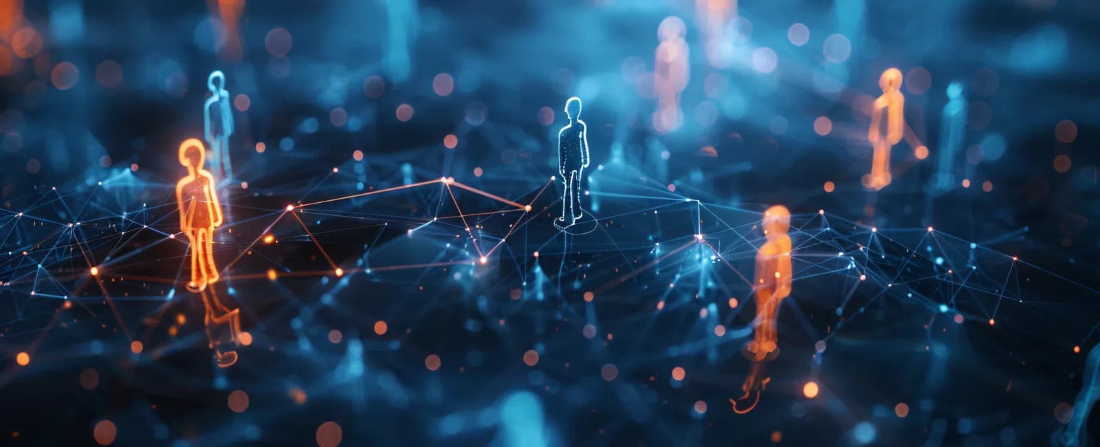 Digital network connection with glowing human figures linked by light lines symbolizing communication and technology