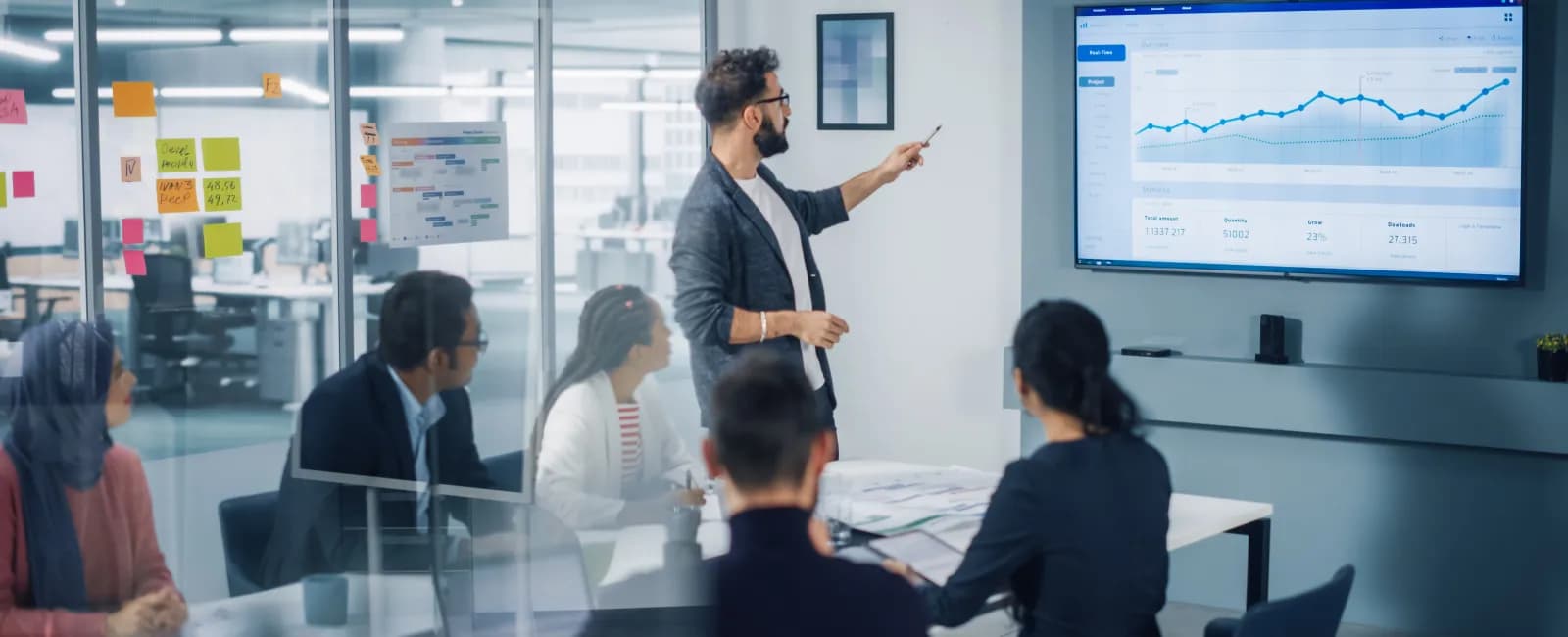 Business team in a modern office reviewing financial charts and data on a large screen during a meeting.