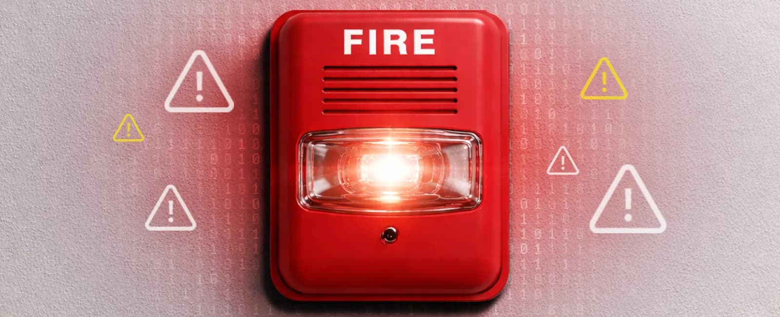 Red fire alarm with glowing light and warning symbols around it on a light background