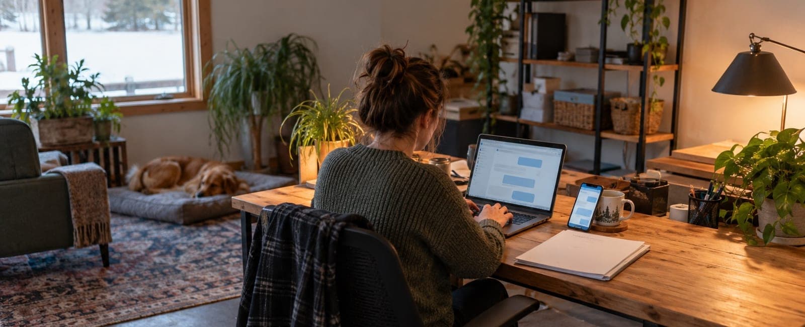 An employee typing into a chat window on her laptop at a home office desk, her phone propped beside it.