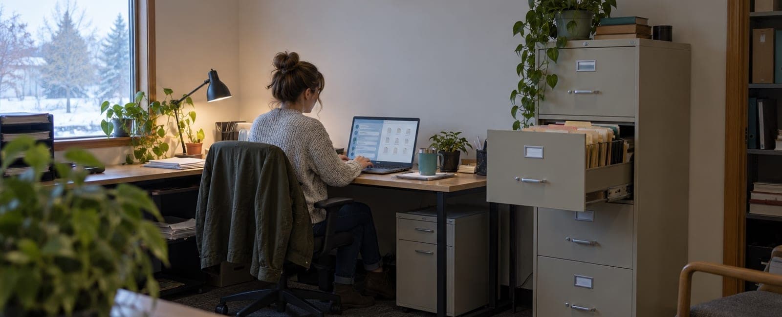 An employee working on her laptop beside an open filing cabinet with folders pulled out.