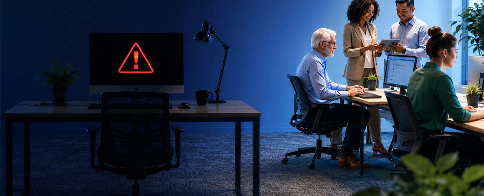 Office scene with a computer displaying a red error warning and coworkers collaborating in the background.