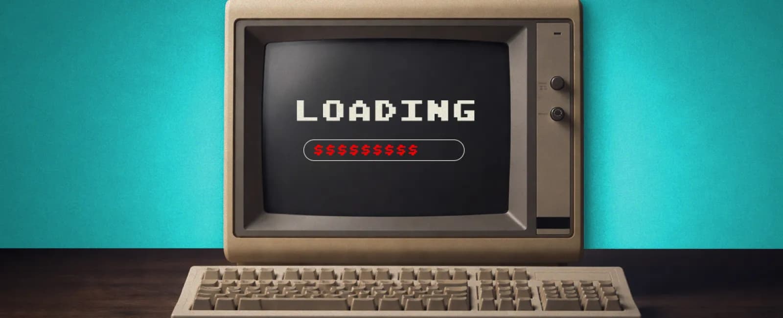 Vintage computer with keyboard showing loading screen and dollar sign progress bar on desk with turquoise background