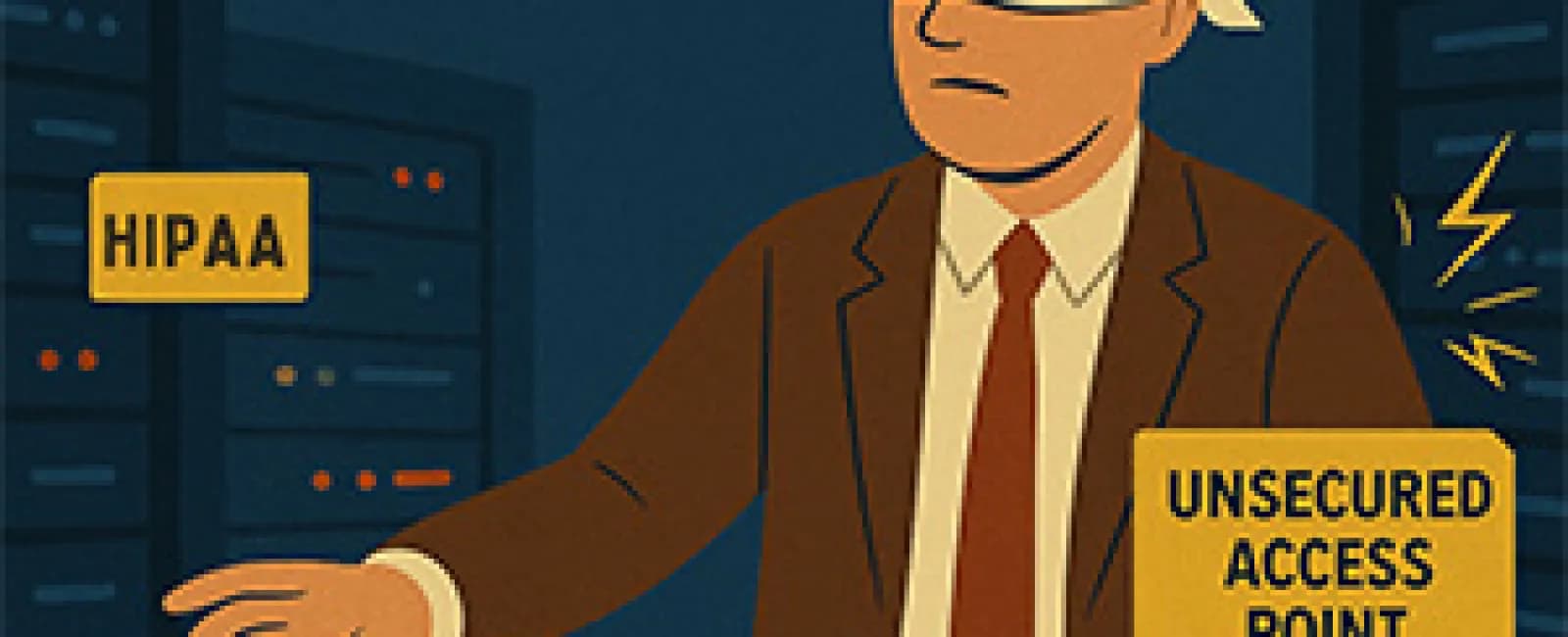 Blindfolded man in suit faces HIPAA violation risk with missing FTC safeguards and unsecured access points.