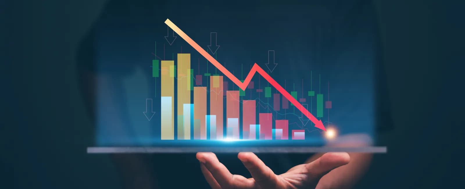 Person holding tablet with declining bar chart and red downward arrow illustrating financial loss.