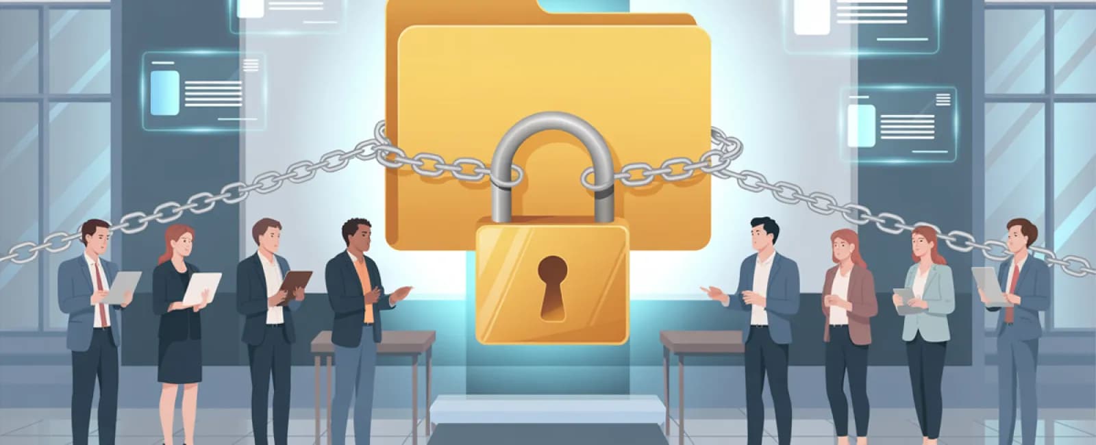 Business professionals discussing data security with a large locked folder symbolizing file protection in office.