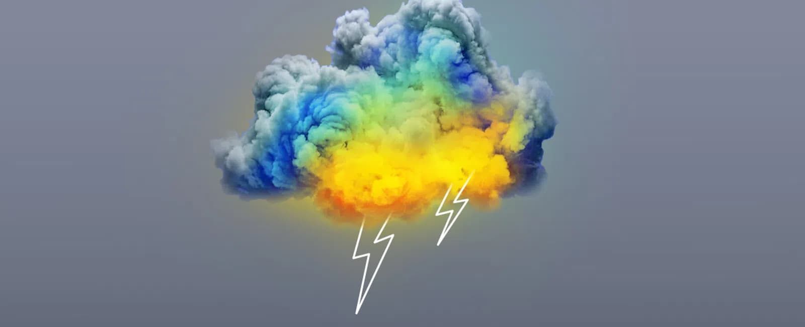 Colorful cloud with blue, green, and yellow hues emitting two white lightning bolts on gray background