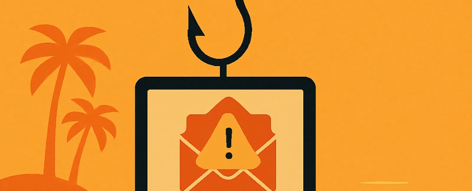 Computer screen with phishing email warning icon hanging from fishing hook against tropical background.