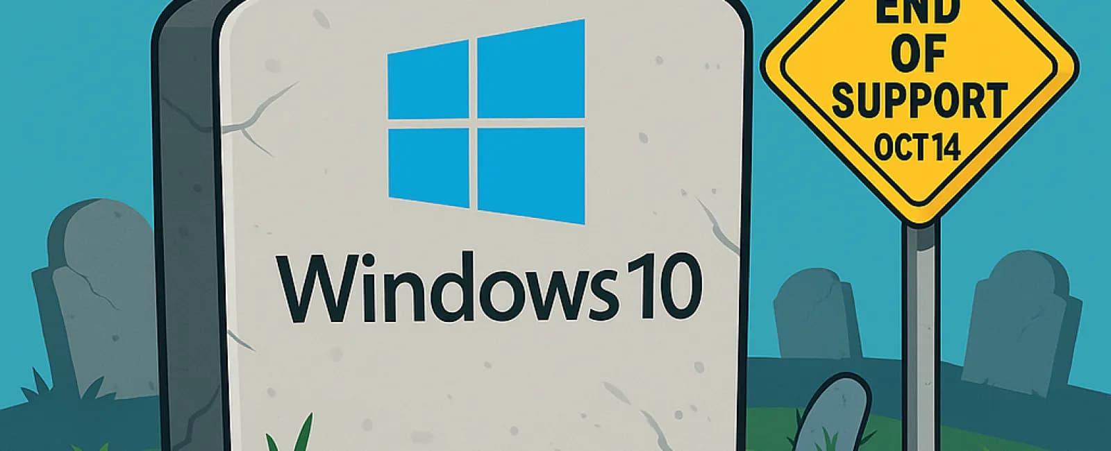 Gravestone with Windows 10 logo and R.I.P. text next to a sign showing end of support on Oct 14.
