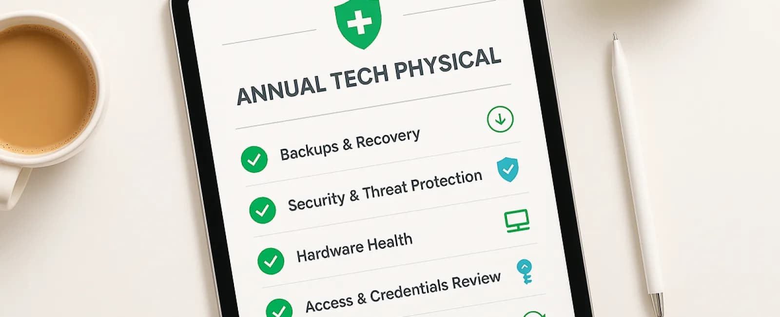 Tablet screen showing an annual tech physical checklist with coffee and pen on a white desk.