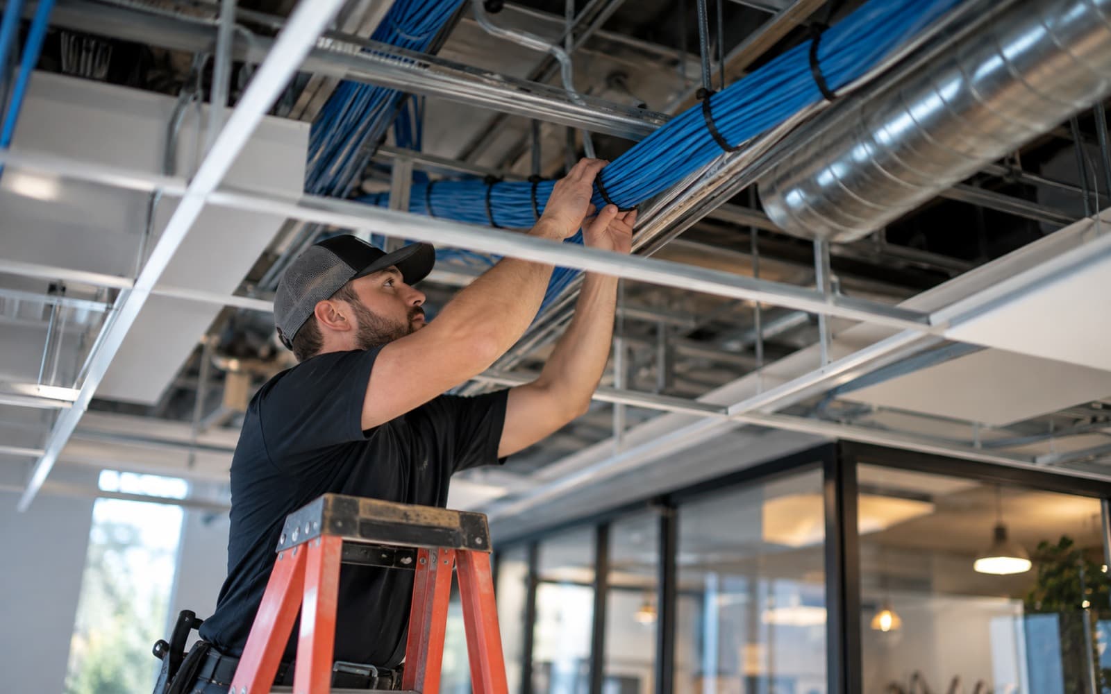 A technician on a ladder runs bundles of blue network cable above an open office ceiling
